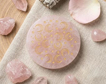 Rose quartz disc engraved with moon and stars | Gemstone talisman, heart chakra, love, intuition, altar decoration