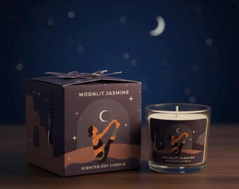 May include: A scented soy candle in a clear glass jar and a matching box. The box and candle label feature the text "Moonlit Jasmine" and an illustration of a person doing yoga under a crescent moon. The background is a dark blue with stars and a crescent moon.