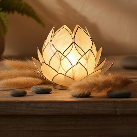 Lotus Teelichthalter groß beige gold | Capiz Muschel Windlicht | Boho Deko | Meditation | Geschenkidee | Wohnzimmer Deko