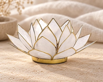 Lotus tealight holder, white and gold | Capiz shell | Spiritual decor, meditation, chakra, altar, gift idea, boho home accessory