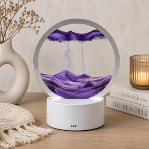 Lámpara de arena redonda violeta – Arte de arena en movimiento con LED – Lámpara de arena con imágenes – Lámpara de meditación – Decoración relajante – 18 cm o 16 cm