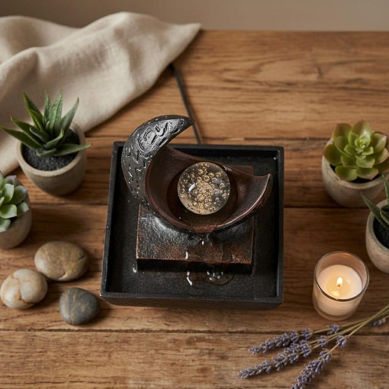 May include: A small, decorative water fountain with a crescent-shaped top and a glass orb. The fountain is black and bronze, with water gently flowing. Small potted succulents, stones, and a lit candle surround the fountain on a wooden surface.