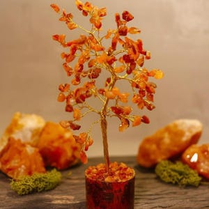 Könnte beinhalten: Ein dekorativer Edelsteinbaum mit goldfarbenem Drahtrahmen und orangefarbenen Edelsteinblättern. Der Baum steht in einem kleinen, runden, rotbraunen Topf. Der Baum wird auf einer Holzoberfläche mit anderen Edelsteinen und Moos ausgestellt.