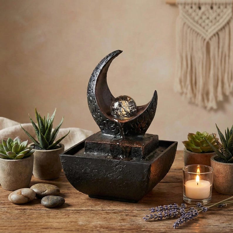 May include: A decorative indoor water fountain with a crescent moon design. The fountain features a textured, dark brown finish and a glass orb. The water flows from the orb into a square basin. Small potted succulents and a lit candle are nearby.