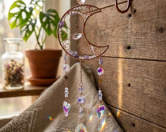 Suncatcher Crescent Moon with Amethyst – Crystal Window Decoration with Glass Pendants & Metal – Feng Shui Decor
