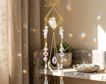 Suncatcher Lotus & Butterflies with Rock Crystal – Gold Metal Hanger – Window Decoration with Crystal Light Play