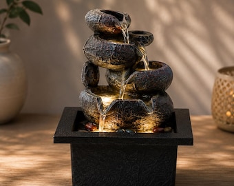 May include: A tabletop water fountain featuring a stack of dark, textured, stone-like bowls in a square black base. Water cascades down from the top bowl through multiple tiers, illuminated by warm internal lights that reflect off the flowing water.