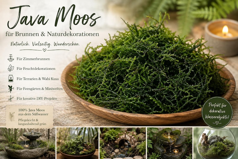 Moon-shaped indoor fountain with LED light, made of polyresin. Optional Java moss. Mini tabletop fountain, Feng Shui water feature. Mit Javamoos