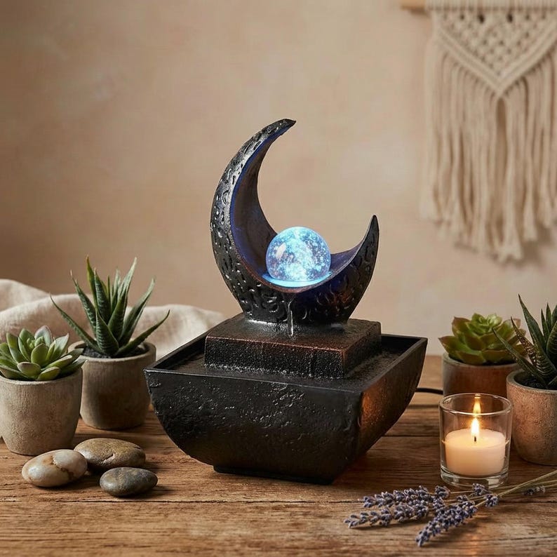 May include: A black decorative water fountain with a crescent moon design holding a glowing blue orb. The fountain sits on a square base and a bowl-shaped basin. Small potted succulents, stones, and a lit candle surround the fountain.
