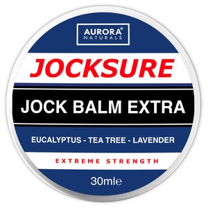 May include: A blue and white round container with a silver lid. The label reads "JOCKSURE JOCK BALM EXTRA EUCALYPTUS - TEA TREE - LAVENDER EXTREME STRENGTH 30mle".