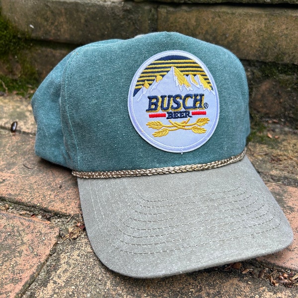 Busch beer patch on Retro Vintage moss Green rope-brim trucker hat