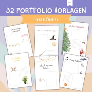 Może przedstawiać: Zestaw 8 drukowanych szablonów portfolio dla dzieci, aby mogły dokumentować swoje ulubione święta. Szablony zawierają ilustracje letniego festiwalu, Halloween, Bożego Narodzenia, Wielkanocy i czarownicy z koroną. Tekst na szablonach brzmi "Das war unser Sommerfest", "Wir feiern Weihnachten", "Ich verkleide mich", "Der Osterhase war da...", "Happy Halloween", i "Ich gehe mit meiner Laterne..."