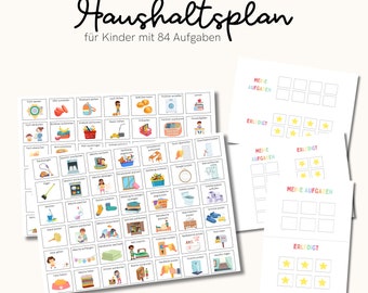 May include: A printable chore chart for kids with 84 illustrated tasks. The chart includes a section for "My Chores" and a section for "Completed Chores" with stars to mark completion.