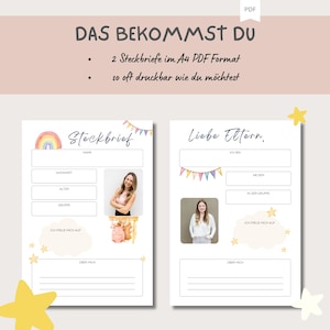 May include: Two printable A4 PDF Steckbriefe (information sheets) with colorful borders and illustrations. The first Steckbrief has a rainbow and stars, and the second has a banner of flags and stars. Both have space for a photo, name, address, age, group, and a section for "About Me".