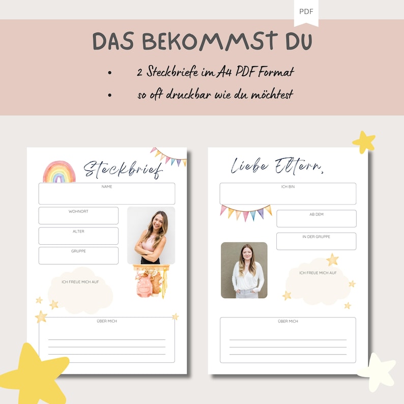May include: Two printable A4 PDF Steckbriefe (information sheets) with colorful borders and illustrations. The first Steckbrief has a rainbow and stars, and the second has a banner of flags and stars. Both have space for a photo, name, address, age, group, and a section for "About Me".