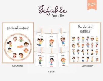 May include: A set of educational posters and flashcards for teaching children about feelings. The posters feature illustrations of children expressing different emotions, such as happy, sad, angry, and scared. The flashcards include the same illustrations and the corresponding German word for each emotion.