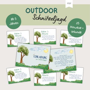 Op de afbeelding: Een set geïllustreerde kaarten voor een buitenspeurtocht, met aquarel bomen, gras en een zon. Tekst bevat "Outdoor Schnitzeljagd", "Uitnodiging" en "Hints + Certificaat". Geschikt voor kinderen vanaf 5 jaar.