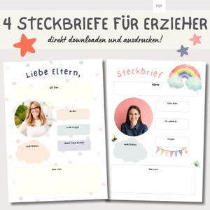 Puede incluir: Cuatro plantillas de Steckbrief imprimibles para educadores. Cada plantilla presenta un diseño de arcoíris colorido, un espacio para una foto y campos para información como el nombre, la edad y el grupo. El texto "Steckbrief" está escrito en una fuente lúdica.