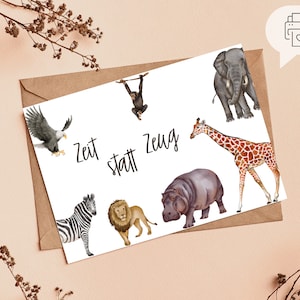 Vale tiempo en lugar de cosas | Regalo de cumpleaños para niños | Postal | Tarjeta de cumpleaños infantil | Imprimir | Descarga digital | zoo