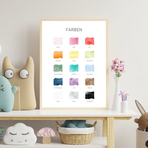 May include: A framed watercolor poster with the German word "FARBEN" at the top, meaning "colors". The poster features 16 color swatches with the German names for each color written below.