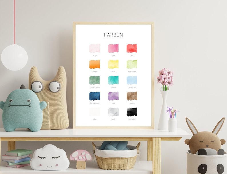 May include: A framed watercolor poster with the German word "FARBEN" at the top, meaning "colors". The poster features 16 color swatches with the German names for each color written below.