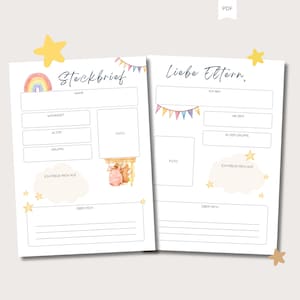 May include: A printable worksheet with a rainbow and stars design. The worksheet is titled "Stockbrief" and includes sections for name, address, age, group, and a photo. There is also a section for "Ich freue mich auf" (I am looking forward to) and "&Uuml;ber mich" (About me).