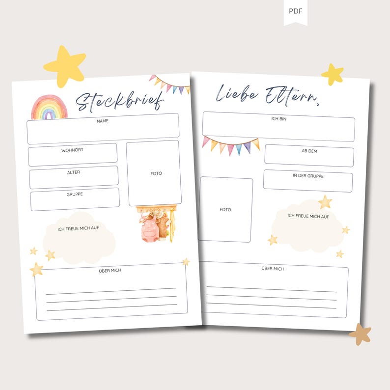 May include: A printable worksheet with a rainbow and stars design. The worksheet is titled "Stockbrief" and includes sections for name, address, age, group, and a photo. There is also a section for "Ich freue mich auf" (I am looking forward to) and "&Uuml;ber mich" (About me).