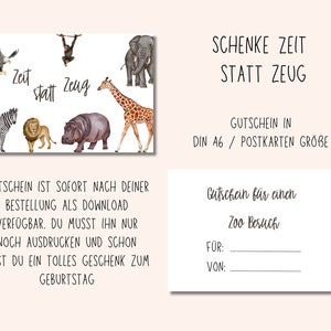 Gutschein Zeit statt Zeug Geburtstagsgeschenk für Kinder Postkarte Geburtstagskarte Kinder Zum Ausdrucken Digitaler Download Zoo Bild 4