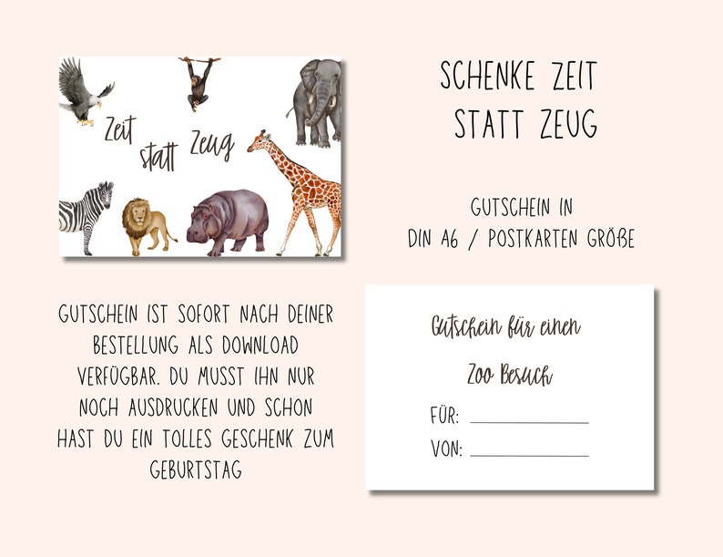 Gutschein Zeit statt Zeug Geburtstagsgeschenk für Kinder Postkarte Geburtstagskarte Kinder Zum Ausdrucken Digitaler Download Zoo Bild 4