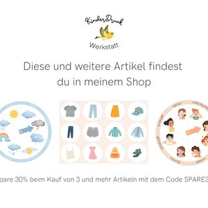 May include: A colorful illustration of a weather wheel with a blue background and white clouds. The wheel shows different weather conditions, including sun, rain, rainbow, snow, and a storm cloud with lightning. The text "Spare 30% beim Kauf von 3 und mehr Artikeln mit dem Code SPARE30" is at the bottom of the image.