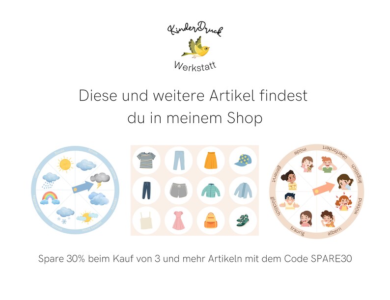 May include: A colorful illustration of a weather wheel with a blue background and white clouds. The wheel shows different weather conditions, including sun, rain, rainbow, snow, and a storm cloud with lightning. The text "Spare 30% beim Kauf von 3 und mehr Artikeln mit dem Code SPARE30" is at the bottom of the image.