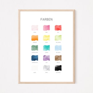 May include: A printable chart with the word "FARBEN" at the top, showing 16 watercolor swatches with the German names for each color written below each swatch.