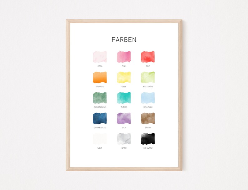 May include: A printable chart with the word "FARBEN" at the top, showing 16 watercolor swatches with the German names for each color written below each swatch.