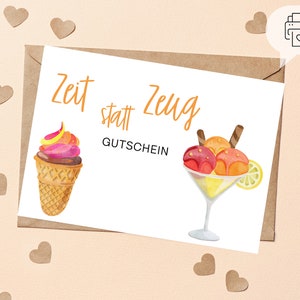 Gutschein Zeit statt Zeug | Geburtstagsgeschenk für Kinder | Postkarte | Geburtstagskarte Kinder | Zum Ausdrucken | Digitaler Download | Eis