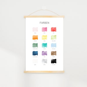 May include: A color chart with the German word "FARBEN" at the top. The chart shows 15 watercolor swatches with the German names for each color written below.