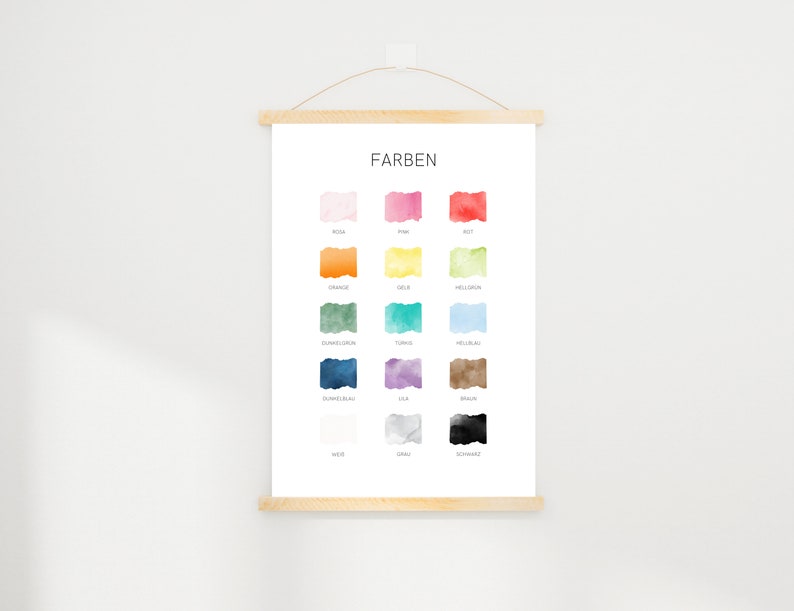 May include: A color chart with the German word "FARBEN" at the top. The chart shows 15 watercolor swatches with the German names for each color written below.