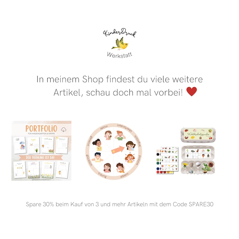May include: A colorful illustration of a circle with arrows pointing to different facial expressions. The circle is divided into sections with words like "happy", "sad", "angry", and "sleepy". There are also images of children with different expressions. The text "Kinder Druck Werkstatt" is at the top of the image. The text "In meinem Shop findest du viele weitere Artikel, schau doch mal vorbei!" is below the circle. The text "Spare 30% beim Kauf von 3 und mehr Artikeln mit dem Code SPARE30" is at the bottom of the image.