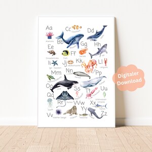 ABC Poster Kinderzimmer Meerestiere A4 + A3 | Alphabet | Lernposter | Kinderbild | Digitaler Kunstdruck | PDF | Geschenk Einschulung Kinder