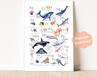 ABC Poster Kinderzimmer Meerestiere A4 + A3 | Alphabet | Lernposter | Kinderbild | Digitaler Kunstdruck | PDF | Geschenk Einschulung Kinder