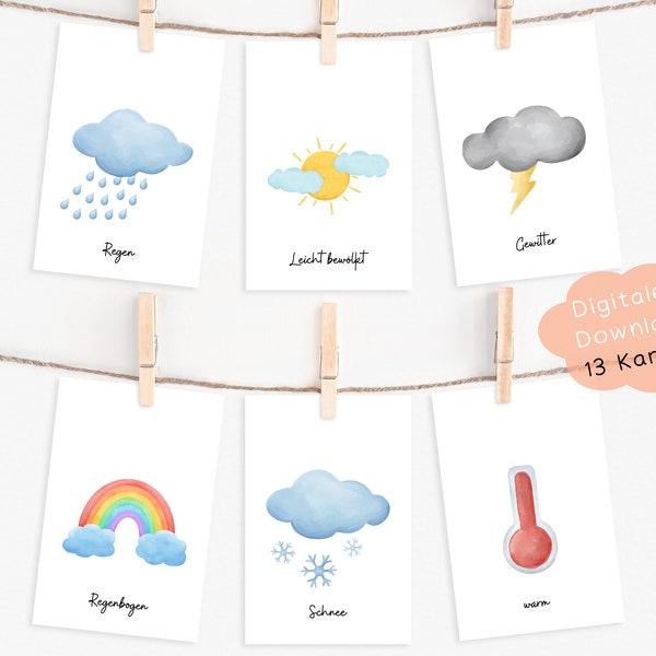 Wetterkarten Montessori | Wetter Kinder | Digitaler Download PDF | Lernkarten | Geschenk Kindergarten, Einschulung & Geburtstag | Lernen