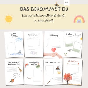May include: A set of printable pages with watercolor illustrations and text in German. The pages feature themes such as school, favorite food, world children's day, time, singing, Christmas, Halloween, and fall. The text on the pages includes phrases like "Es schweit es schreit", "Mein Lieblingsessen", "Weltkindertag", "So schrell vergeht die Zeit", "Diese Lieder mag ich besonders gerne singen", "Lasst was froh wad munter sein", "ICH VERKLEIDE MICH", and "Der Herbst ist da!"