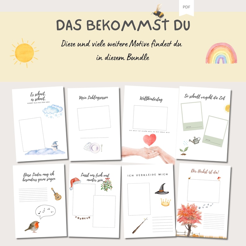 May include: A set of printable pages with watercolor illustrations and text in German. The pages feature themes such as school, favorite food, world children's day, time, singing, Christmas, Halloween, and fall. The text on the pages includes phrases like "Es schweit es schreit", "Mein Lieblingsessen", "Weltkindertag", "So schrell vergeht die Zeit", "Diese Lieder mag ich besonders gerne singen", "Lasst was froh wad munter sein", "ICH VERKLEIDE MICH", and "Der Herbst ist da!"