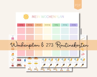 May include: A printable weekly planner with a rainbow colour scheme and a sun icon. The planner is titled "Mein Wochenplan".  The image also shows 273 routine cards with various illustrations.