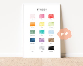 Könnte beinhalten: Eine druckbare Tabelle mit dem deutschen Wort "FARBEN" oben, gefolgt von 12 Farbfeldern mit ihren deutschen Namen: rosa, pink, rot, orange, gelb, hellgrün, dunkelgrün, türkis, hellblau, dunkelblau, lila, braun, weiß, grau, schwarz.