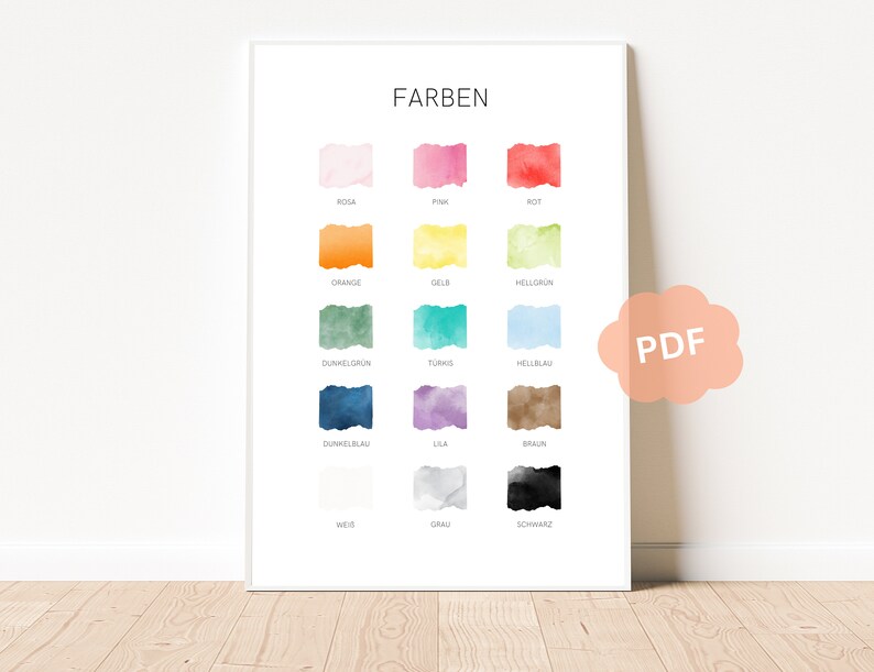 May include: A printable chart with the German word "FARBEN" at the top, followed by 12 color swatches with their German names: rosa, pink, rot, orange, gelb, hellgr&uuml;n, dunkelgr&uuml;n, t&uuml;rkis, hellblau, dunkelblau, lila, braun, wei&szlig;, grau, schwarz.