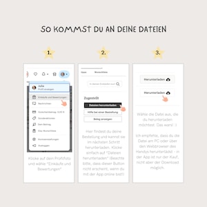 May include: A three-step guide on how to download files from an Etsy shop. The first step shows a user profile with the option to view purchases and reviews. The second step shows a screen with the option to download files. The third step shows a screen with a download button.