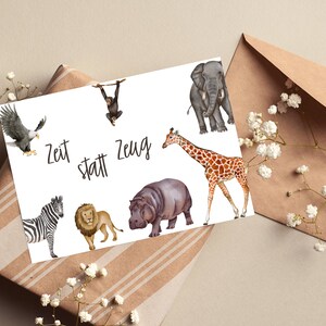 Gutschein Zeit statt Zeug Geburtstagsgeschenk für Kinder Postkarte Geburtstagskarte Kinder Zum Ausdrucken Digitaler Download Zoo Bild 2