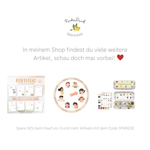 May include: A set of three educational resources for children, including a portfolio for kindergarten and daycare, a colorful wheel with pictures of children's faces, and a set of egg carton containers with a nature theme. The text on the portfolio says "Der Fr&uuml;hling ist da" which translates to "Spring is here".