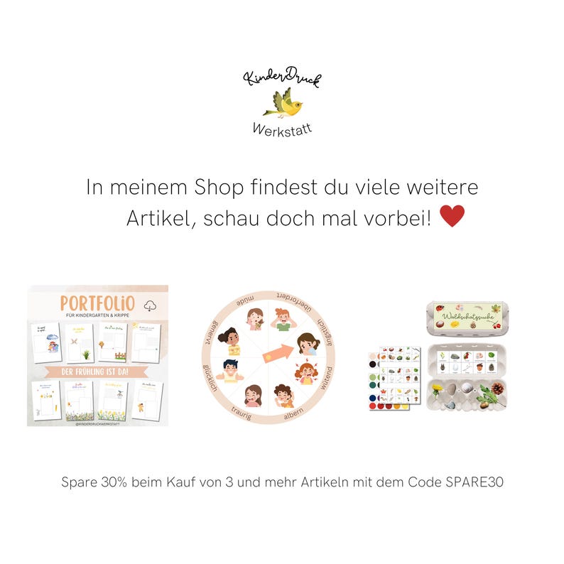 May include: A set of three educational resources for children, including a portfolio for kindergarten and daycare, a colorful wheel with pictures of children's faces, and a set of egg carton containers with a nature theme. The text on the portfolio says "Der Fr&uuml;hling ist da" which translates to "Spring is here".