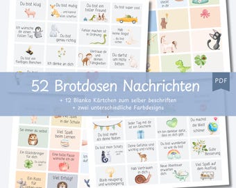 May include: A set of 52 colorful cards with illustrated animals and positive messages in German. The cards are designed for lunchboxes and include 12 blank cards for writing custom messages.